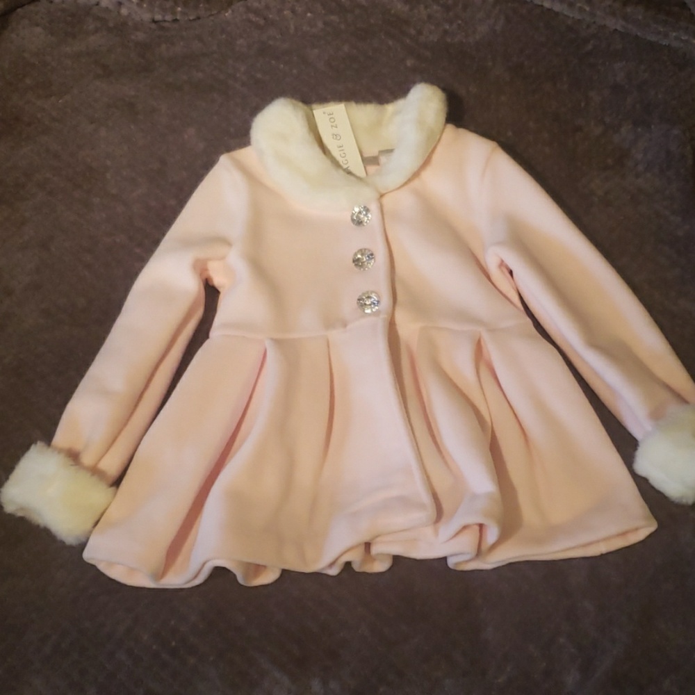 Pink faux fur trim coat with rhinestone buttons